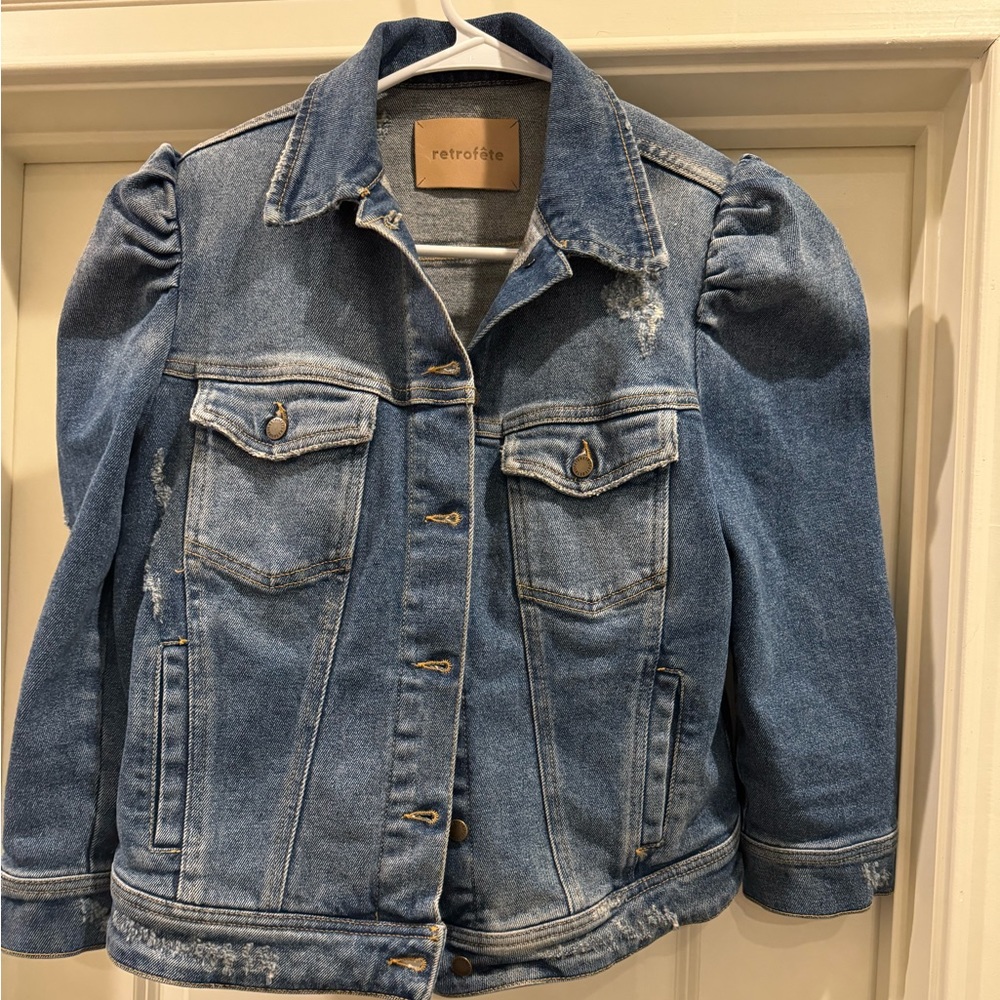 Retrofete Ada Distressed Puff Sleeve Denim Jacket, L